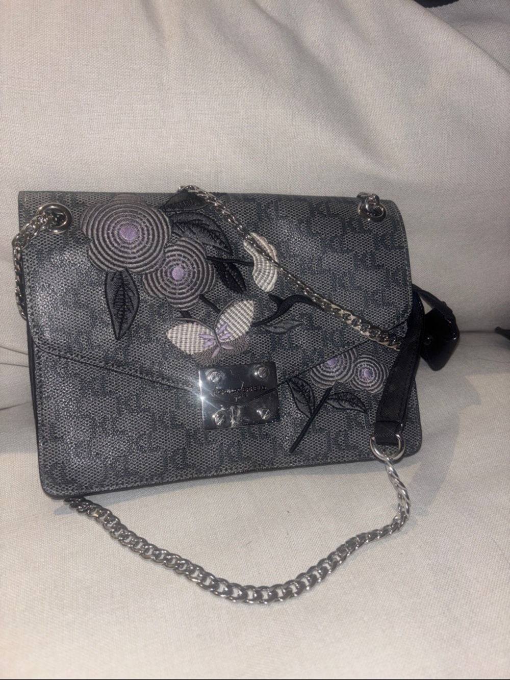 Karl Lagerfeld Gray Monogram Crossbody with Pink Floral Embroidery - Picture 2 of 6